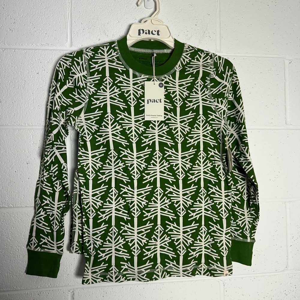 Pact Organic Cotton Pajama Set XS Green White Pine Tree Print Long Sleeve PJs